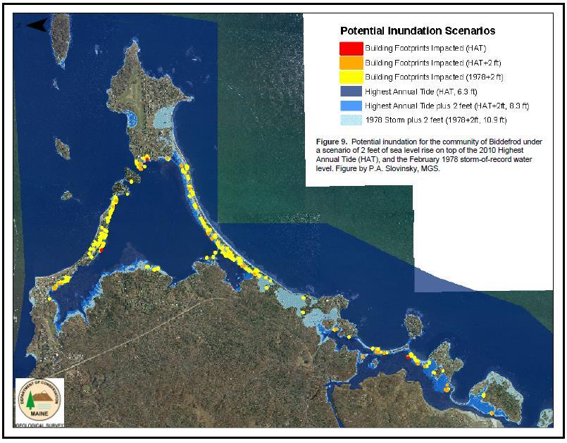 Figure 13-13 shows the potential inundation of Biddeford s shoreland with a sea level rise of 2 feet.