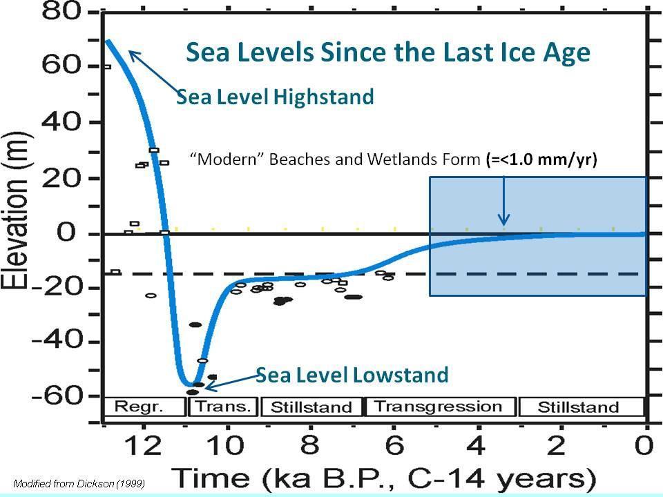 Figure 13-1: Elevation of Sea Level in Maine 13,000 Years Ago to Present Not far from Biddeford, studies of marshes in Wells show that in the last five thousand years (the shaded area in Figure 1)