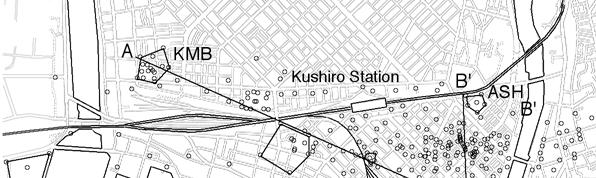 Fig. 1 Map showing observation sites in Kushiro Fig. 2 shows a schematic diagram showing geologic cross section along Line A-A shown in Fig. 1. JMA is located on a hill covered by a thin layer of silty volcanic ash that overlies Tertiary rock, called Urahoro Group.