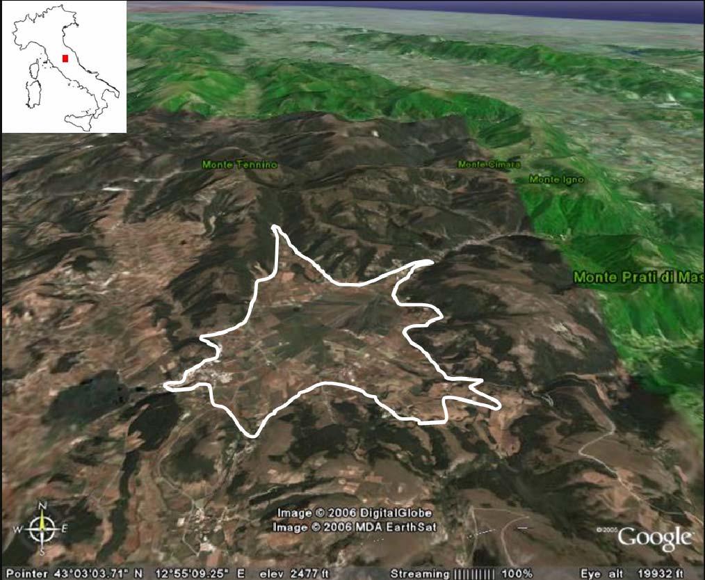 Figure 1. Localisation of the Colfiorito plain (white line), central Italy. Modified from Google Earth. As shown by Di Giulio et al.