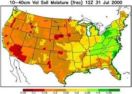 Southwest Figure 6. Upper: Eta model layer 2 (10-40 cm) volumetric soil moisture is relatively moist (dry) in July 1999, left (July 2000, right).