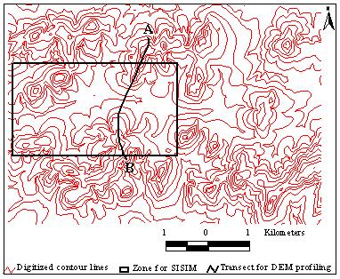 Figure 2 Digitized contours of the study area and its surroundings. 2.2 DEM uncertainty assessment and propagation A representative zone in the study area is chosen for sequential indicator simulation (SISIM).