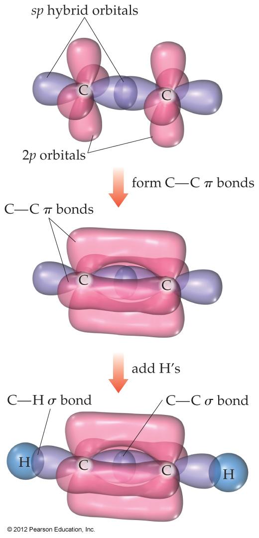 Multiple Bonds In triple bonds, as in acetylene, two sp orbitals form a σ bond between