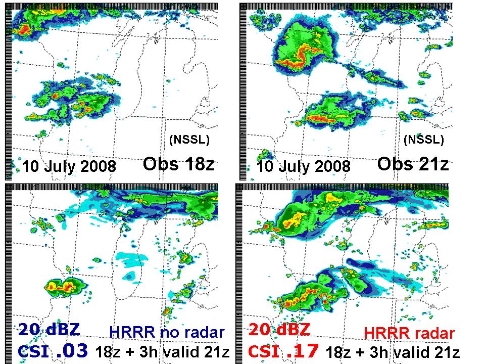 a) b) c) d) Figure 6. a) Observed reflectivity from the NSSL mosaic for 1800 UTC 10 July 2008. b) Same as 6a, except for 2100 UTC.