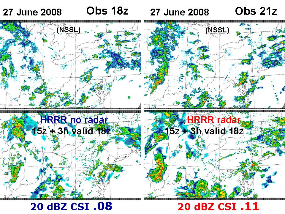 a) b) c) d) Figure 7. a) Observed reflectivity from the NSSL mosaic for 1800 UTC 27 June 2008. b) Same as 7a, except for 2100 UTC.