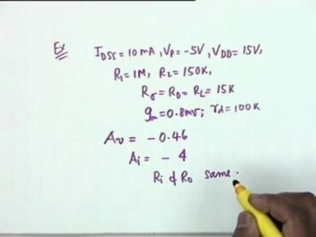 (Refer Slide Time: 40:49) Consider the same example, what was the example? I DSS 10 milliampere, V P is - 5 volts, V DD is 15 volts, R 1 is 1 megh, R 2 150 K, R Sigma = R D = R L = 15 K.