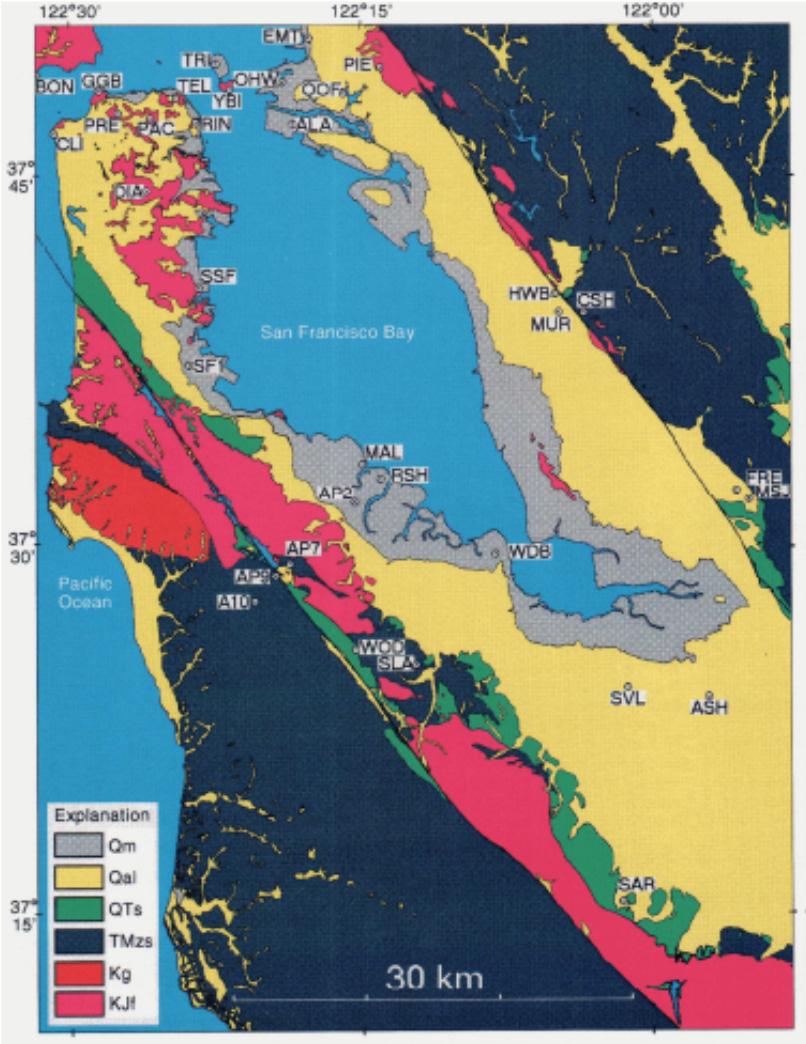 Figure 2.2 Map of San Francisco Bay region, showing locations of 34 of 37 free-field stations that recorded 1989 Loma Prieta earthquake and generalized geologic units.