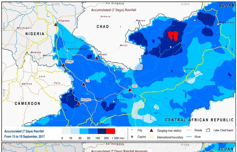 Accumulated Rainfall Analysis (13 to 19 September, 2017) The maps below shows 1) the spatial distribution of the accumulated rainfall between 13 to 19 September over the Chari/Logone Basin, and 2)