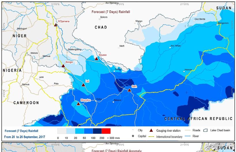 Forecast Rainfall Analysis (20 to 26 September, 2017) The maps below shows 1) the spatial distribution of the forecast rainfall between 20 to 26 September over the Chari/Logone Basin, and 2) the