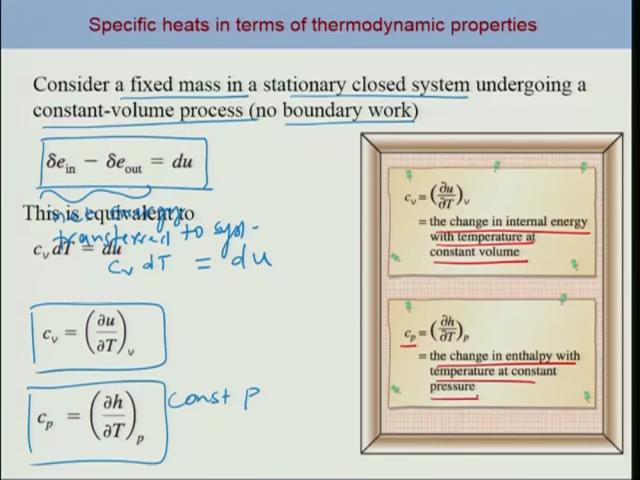 So let us now try to connect this Cp and Cv in terms of thermodynamics parameters, so we can consider a fixed mass, okay in a stationary closed system undergoing a constant-volume process, okay.