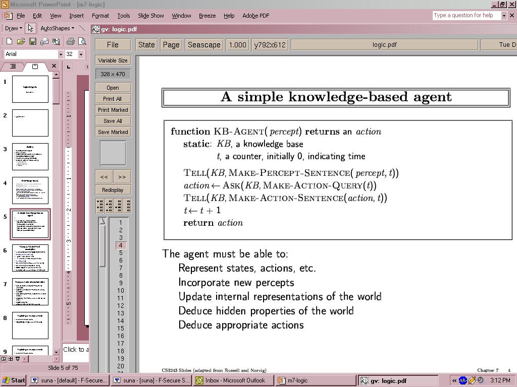 A simple knowledge-based agent The agent must be able to: Represent states, actions, etc.