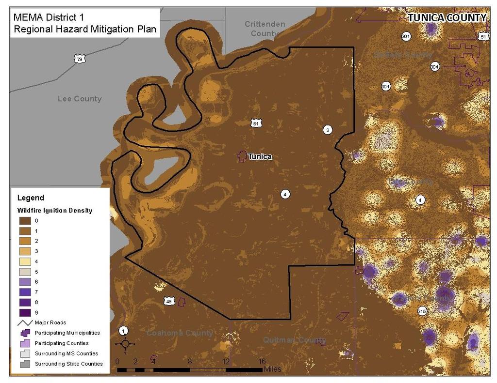 HISTORICAL OCCURRENCES Figure H.4 shows the Wildfire Ignition Density in Tunica County based on data from the Southern Wildfire Risk Assessment.