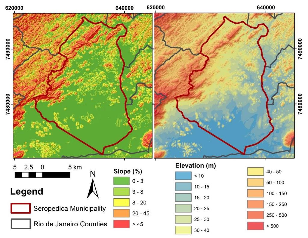Figure 2. Maps of elevation and slope of Seropédica, with municipality limits marked by the red line (Source: IBGE RJ-25).