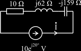 We write the KVL equation for the loop: 10 e j 20 20 =I (10+ j60 j159 ) 10ej I = 97,5 e =0,103 e j104 [ A] j 84