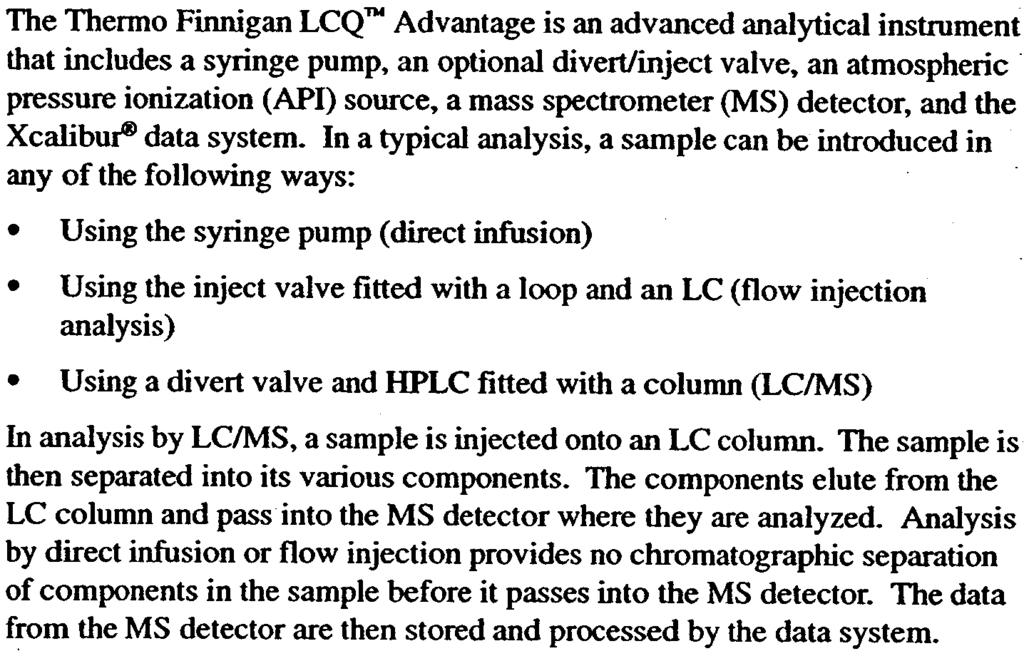 The Thenno Finnigan LCQ"" Advantage is an advanced analytical instrument that includes a syringe pump. an optional divert/inject valve. an atmospheric pressure ionization (API) source.