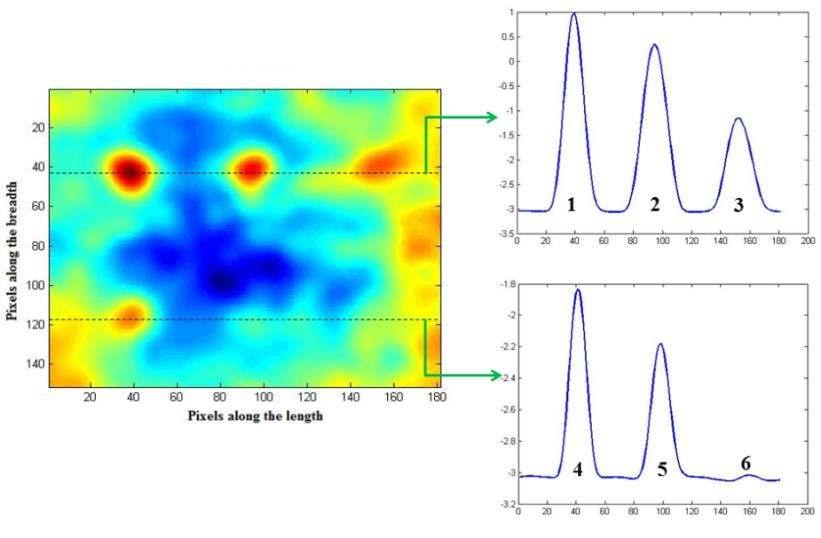 Figure 4: Detected defects in the phase image and the corresponding locations of the defects In the present context, the pulse compression approach is carried out using the correlation method.