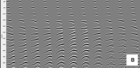 Horizontal reflectivity boundaries are generated at 300 m intervals (Figure 3F) and are used to generate the reflection events.