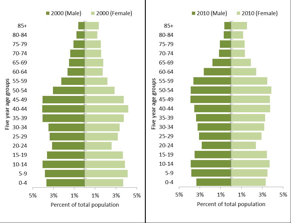 Hood River County Age Structure of the Population (2000 and 2010) Sources: U.S. Census Bureau, 2000 and 2010 Censuses.