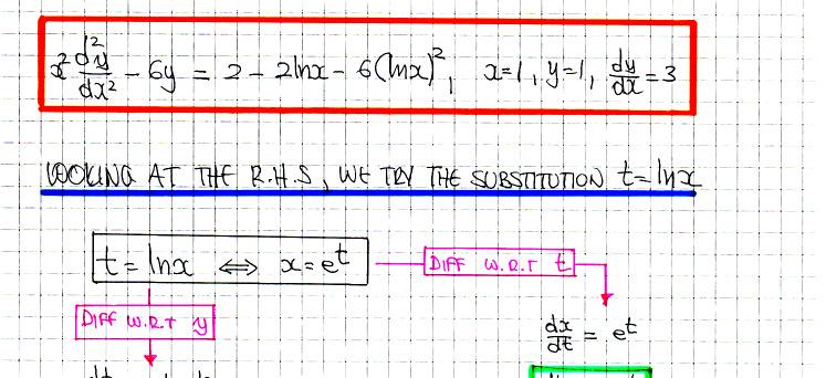 Question 19 (*****) Use a suitable substitution to solve the differential equation d y 6 ln 6 ( ln ) d =, y 1 = 3 d