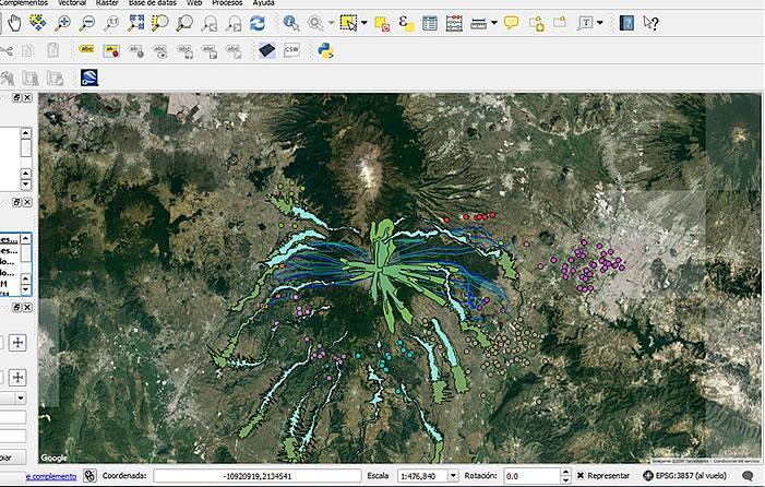In this example, the dots represent schools around the Popocatepetl volcano are combined with layers provided by CENAPRED, Mexico s agency for disaster prevention, that represent various eruption