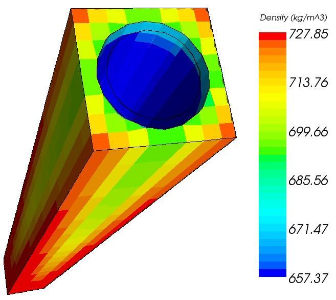 Exit Figure 31. 3D View of Coolant Density for PWR Cell Model. 6.2.9. Reynolds Number and Flow Lines With an average coolant density of 716 kg/m 3, velocity of 1.0 m/s, and dynamic viscosity of 9.