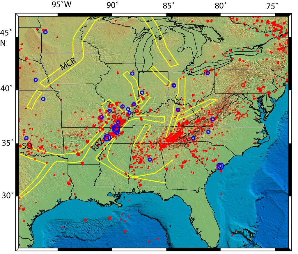 NEW MADRID SEISMIC ZONE OBSERVATIONS w/o PARADIGM Associated with ancient failed Reelfoot rift GPS indicates seismicity taking up most (or all?