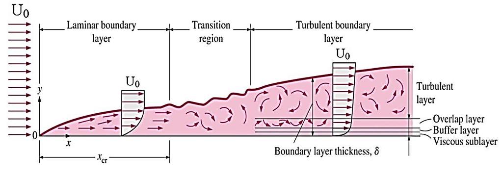 11 Boundary-layer Concept Upstream the velocity profile is uniform, (free stream flow) a long way downstream we have the velocity profile as shown in figure. This is the known as fully developed flow.
