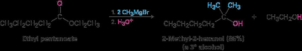 Grignard Reagents with Esters Esters give tertiary alcohols in which
