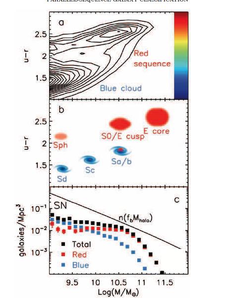 The Big Picture- Two Populations " top panel color distribution vs mass of a large sample of local galaxies from the SDSS" Middle panel is the morphologies that dominate at each mass" bottom panel