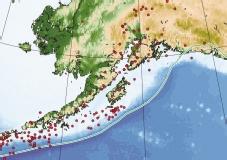 1. Seismicity in subduction zones of (a) Tohoku, eastern Japan, and (b) Alaska with fault areas of the 2011 and 1964 earthquakes in white, compiled by Tohoku University (after Uchida et al.