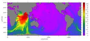 Where the ocean is over 6,000 m deep, unnoticed tsunami waves can travel at the speed of a commercial jet plane, over 800 km per hour (~500 mi per hour).