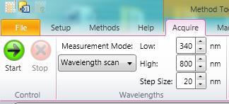 2. The menu is adjusted to allow users to select a scan from 340-800nm for the EZ Read 2000. The step size refers to the measurement per nm entered (for instance 20nm in this example).
