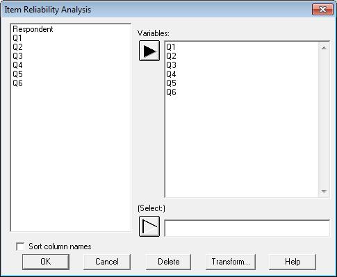 Data Input To analyze the data, enter the names of the variables into the following data input dialog box: Variables: 2 or more numeric columns containing the data to be analyzed.