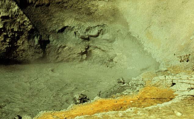 2. What is the origin of the sulfur crust shown on the edge of a boiling mud pot at Yellowstone National Park? A.