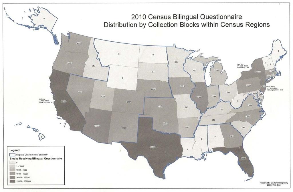 19. According to the map below (2010 Census Bilingual Questionnaire), how many