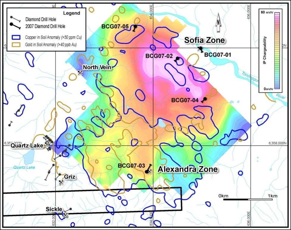 Sickle-Sofia IP, Cu-Au Soil Geochemistry and Diamond Drilling Previous operators focused on epithermal gold veins at Quartz Lake-Griz-Sickle In 2007, BCGold focused on porphyry exploration.