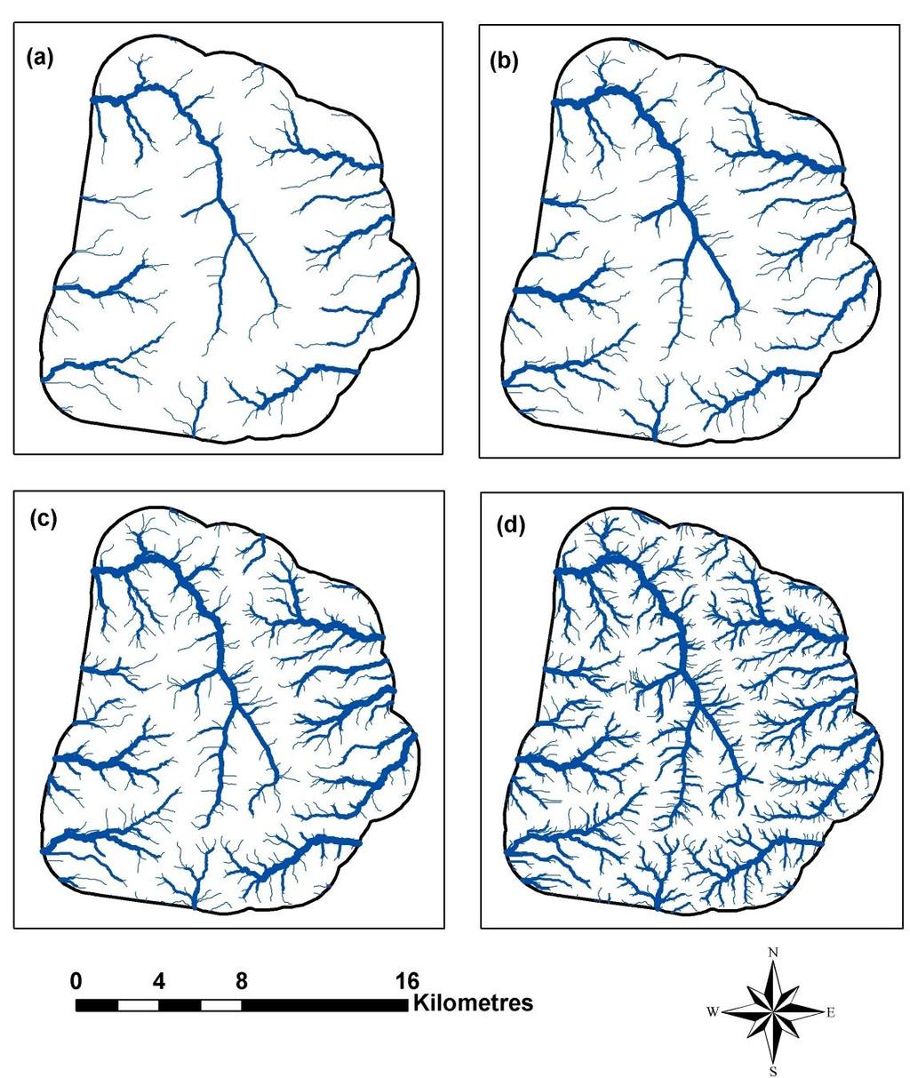Results and discussion Drainage networks extracted from the DEM using different thresholds are shown in Figure 3.