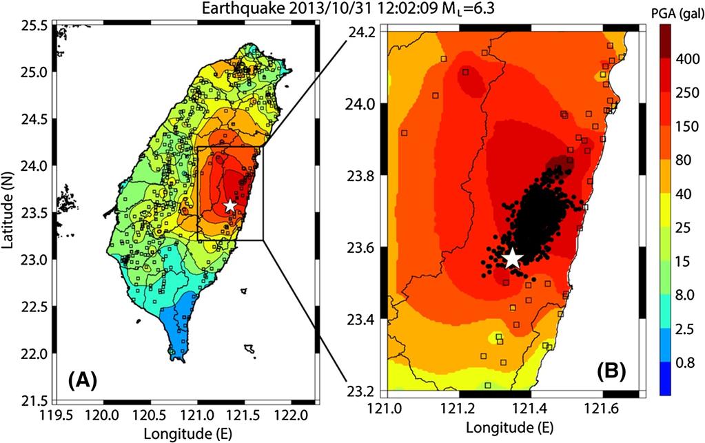 Low-Cost Sensors for EEW Figure 6 a Shaking map of the 2013/10/31 eastern Taiwan earthquake produced using strong motion records from the P alert network.