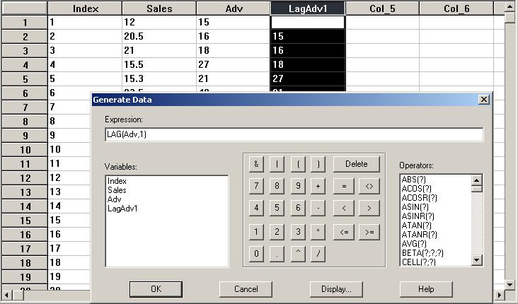 Alternative method, continued 1. Use the Generate data feature to create separate columns for lagged variables on the spreadsheet so that each lag is in its own column with its own name.