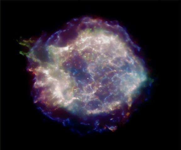 X-ray image of the Cassiopeia A supernova remnant different colors represent different wavelengths of X-ray light which are caused by emission lines of different elements