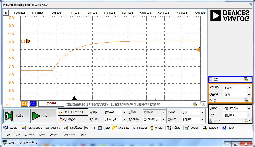 voltage level for the trigger. In Fig. A2, example settings for this lab are shown. In this example, the trigger is set to activate when the signal first reaches 1V and is decreasing 2 (Falling). Fig. 2 shows that zero time on the horizontal axis corresponds to this condition on the wave form.