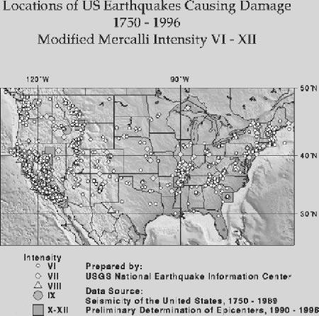 2.22 CHAPTER TWO FIGURE 2.16 Locations of continental U.S. earthquakes causing damage from 1750 to 1996 and having a modified Mercalli intensity of VI to XII.