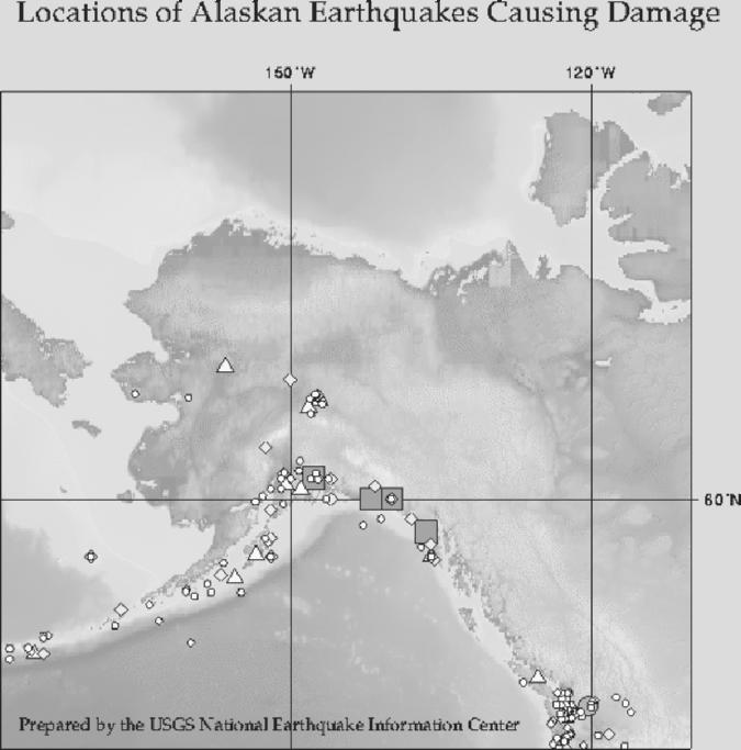 BASIC EARTHQUAKE PRINCIPLES 2.23 FIGURE 2.17 Locations of Alaskan earthquakes causing damage from 1750 to 1996 and having a modified Mercalli intensity of VI to XII. See Fig. 2.16 for intensity legend.