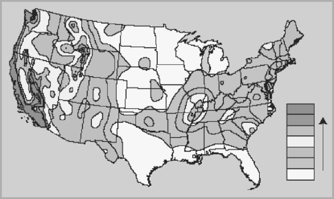 (Photograph courtesy of USGS.) Highest hazard %g 32+ 24-32 16-24 8-16 4-8 2-4 0-2 Lowest hazard FIGURE 2.