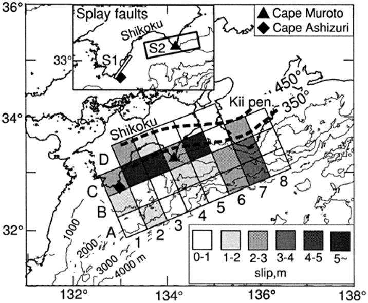 5. The slip distribution estimated by Sagiya and Thatcher (1999) using geodetic data. Only subfaults that were well resolved to obtain the slip are shown.