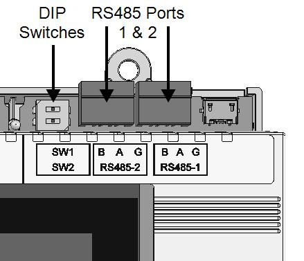 Figure 8: Gateway RS485 cnnectins and DIP switches 2. Lsen the screws f terminals A, B and G. 3.