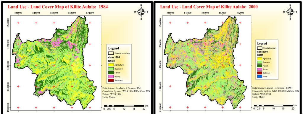 ha (22.694594%). The LULC classification for 2014 from OLI_IRS satellite image (fig. 3 on graph) showed that majority of the study area was still covered by bush land 40573.