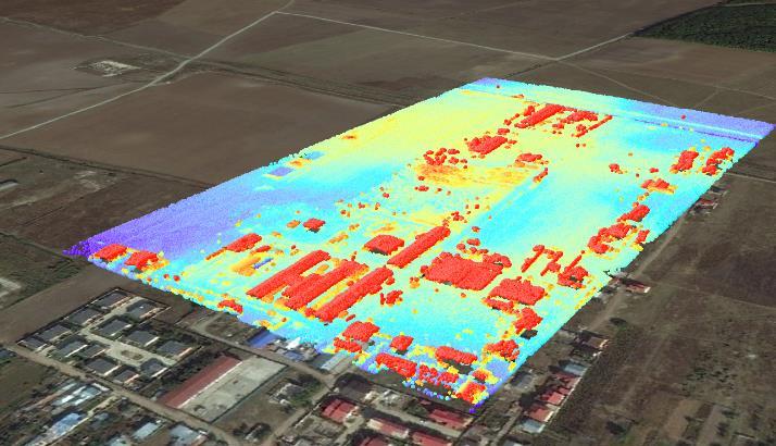 The point cloud has the capability to be visualized in different ways such as elevation, intensity, slope or natural RGB.