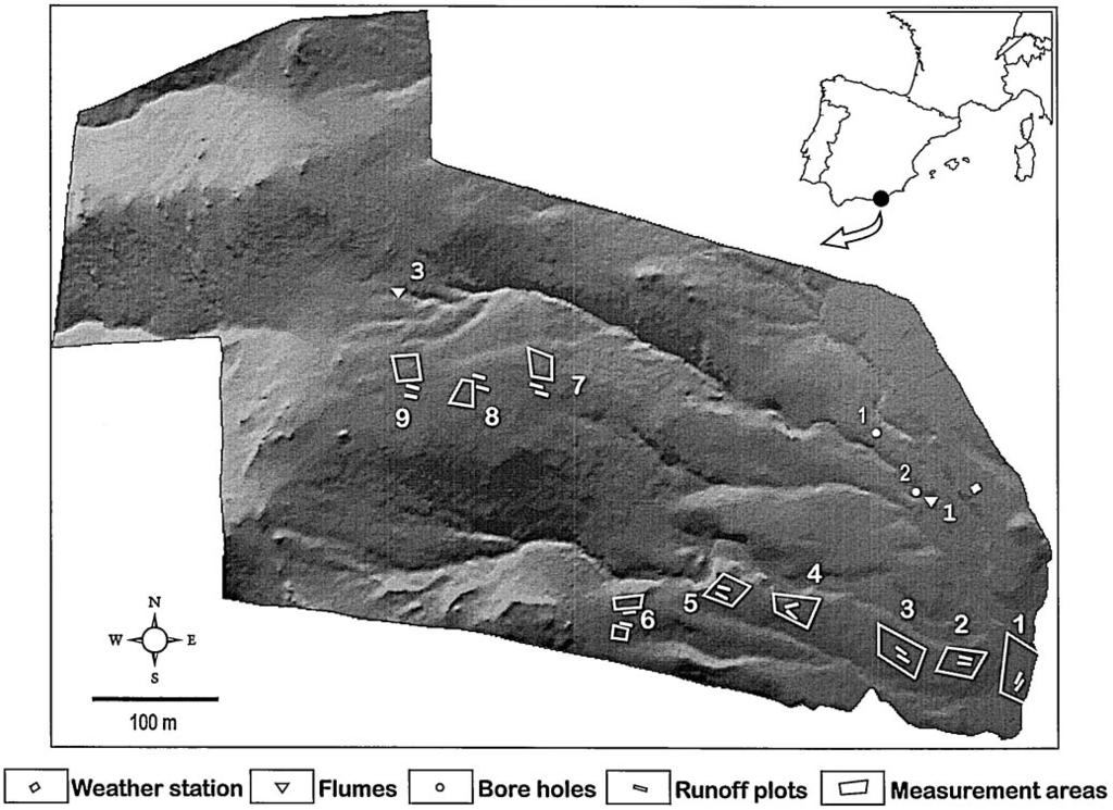 ( ) J. Puigdefabregas et al.rgeomorphology 23 1998 337 351 339 Fig. 1. Experimental layout at the Rambla Honda field site. layer Ž 0 5 cm., and four from the subsurface layer Ž 5 20 cm.