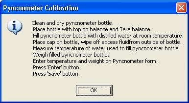 Pyncnometer calibration On the Home page, click on menu item Calibration Pyncnometer The following